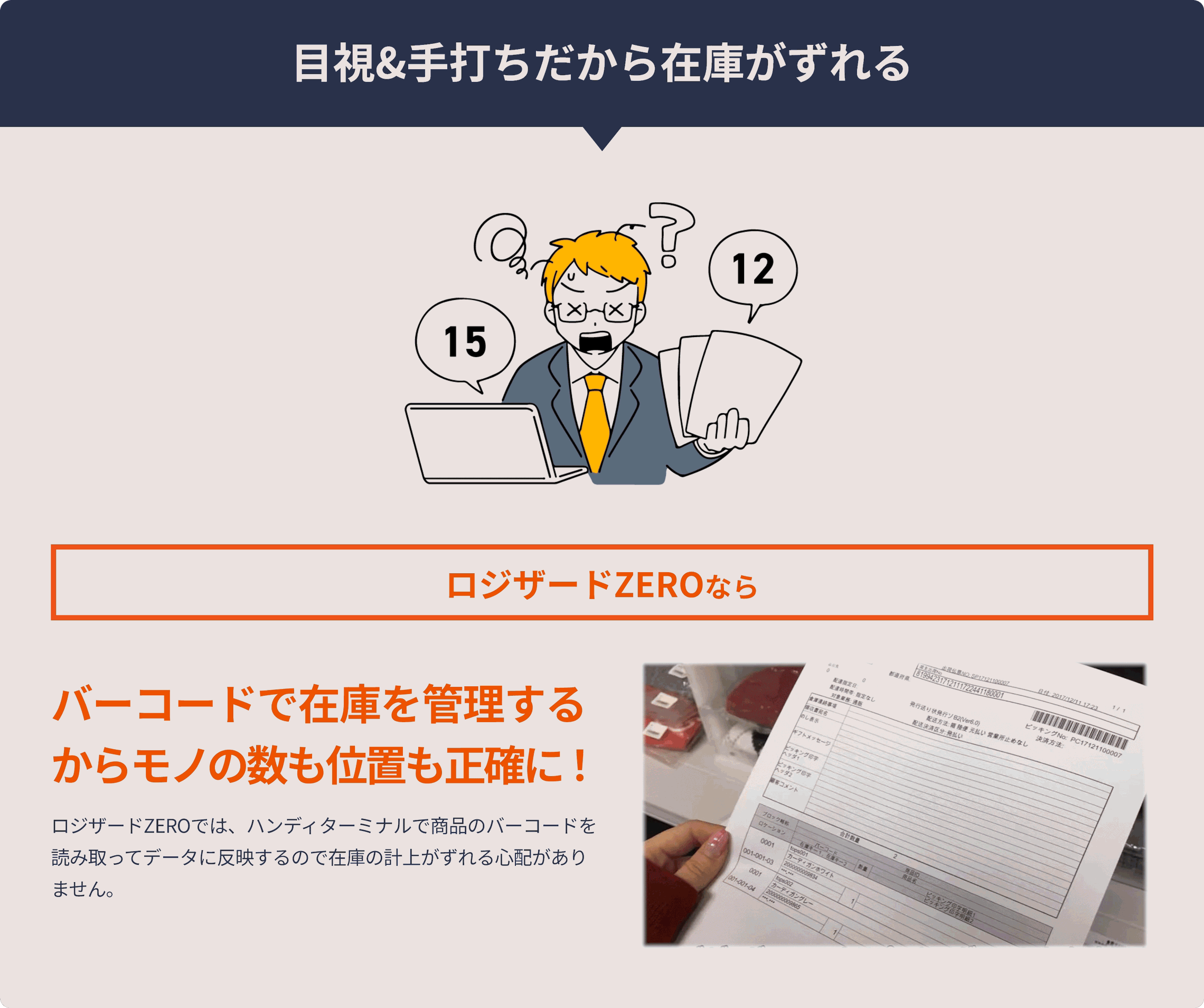ロジザードZEROならバーコードで在庫を管理するからモノの数も位置も正確に！